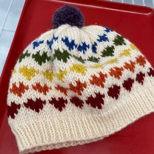 Rainbow Hearts Hand Knit Pom Pom Beanie, Winter Hat with Heart Design in Rainbow